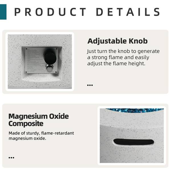 28 in. Round Terrazzo Propane Gas Off-white Fire Pit Table, 40,000 BTU with Blue Glass Stones and Rain Cover