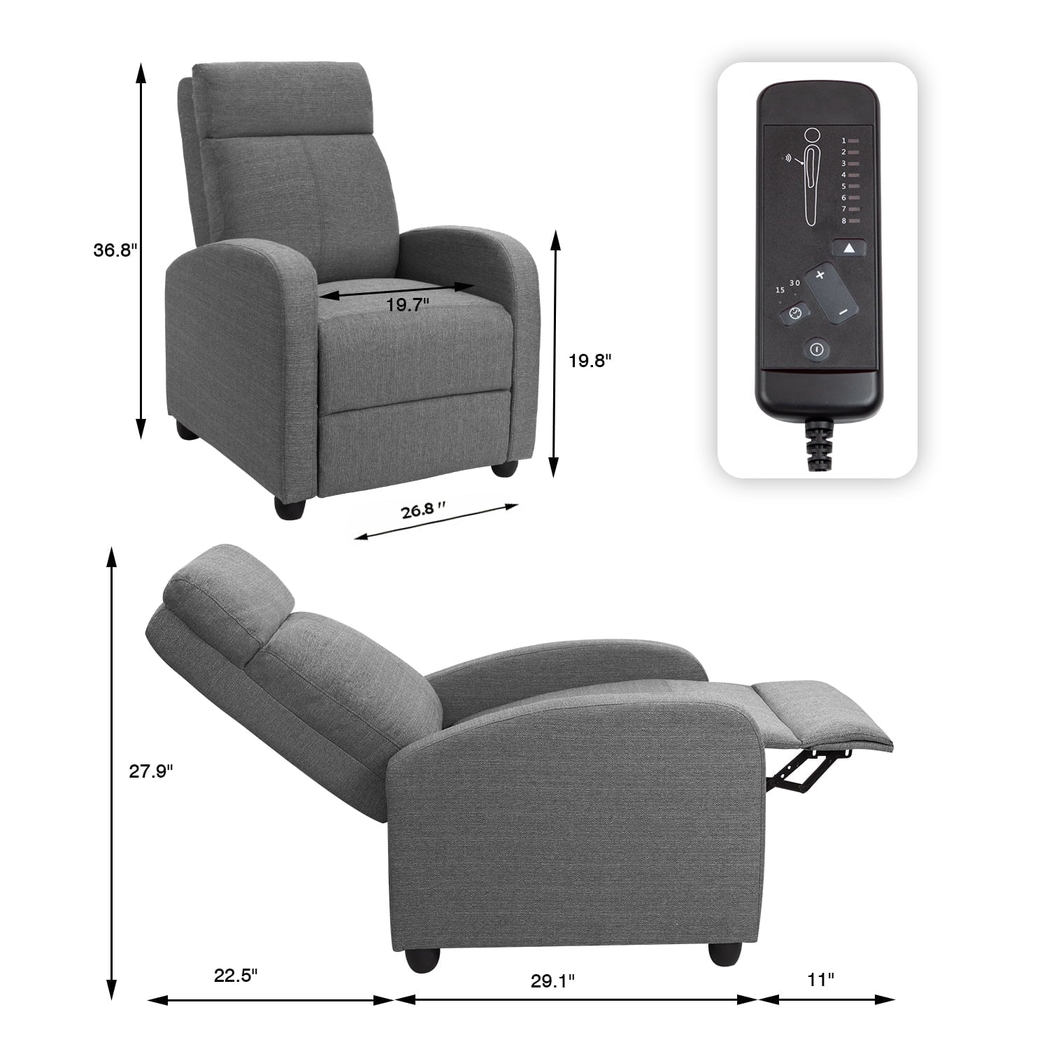 Vineego Fabric Single Massage Recliner Chair with Thick Seat Cushion and Backrest, Gray Fabric, Gray