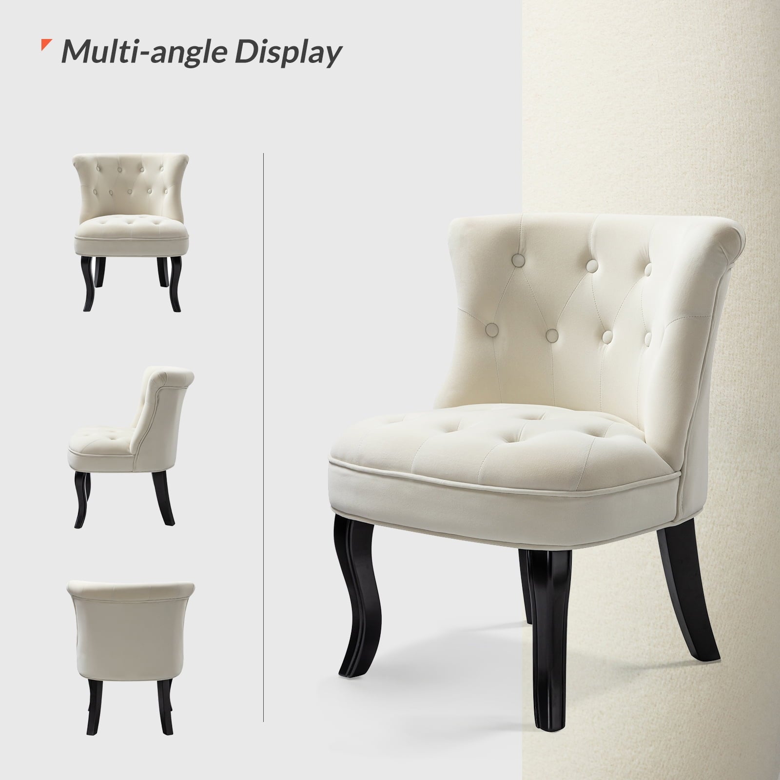 14 Karat Home Velvet Armless Accent Chair Upholstered Button Wooden Legs Bedroom Adult White