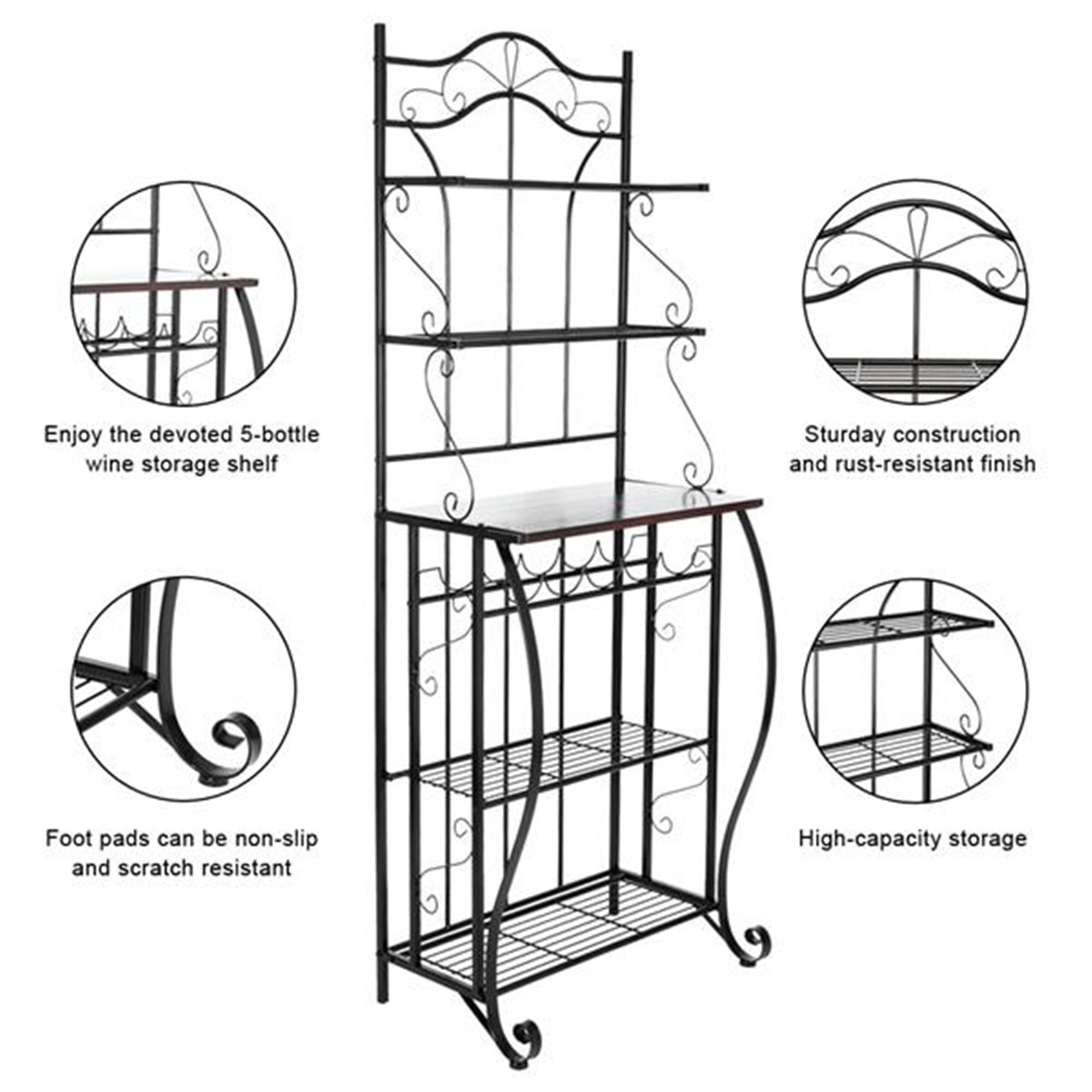 Artisasset 5-Tier Scroll Feet Metal Kitchen Baker's Rack with Wine Holder, Black