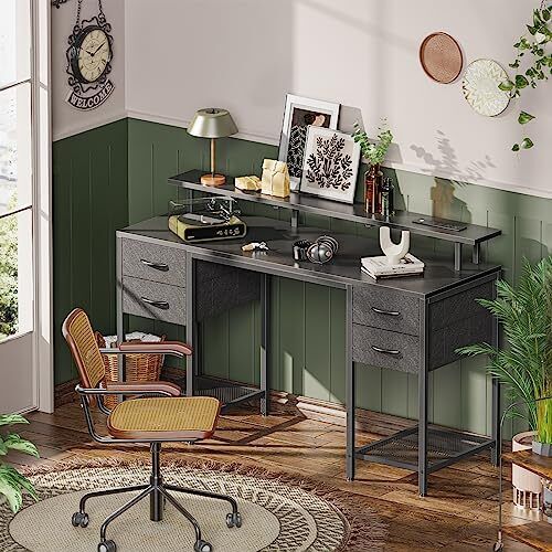 55 Inch Computer Desk With 4 Drawers Gaming Desk With Led Lights & Power Outlets