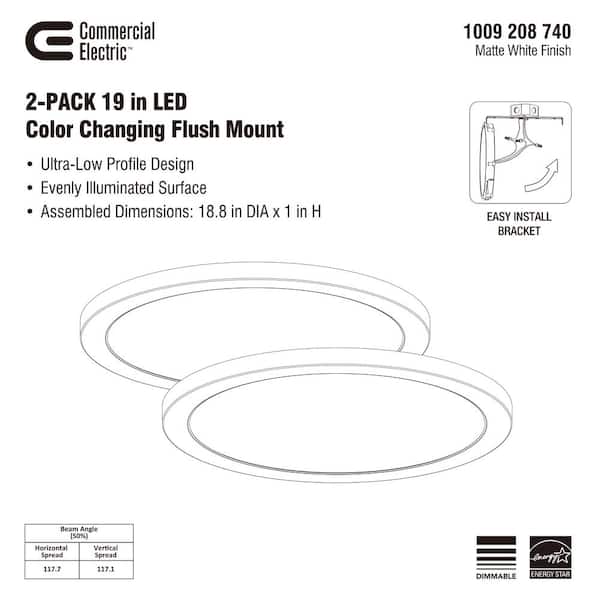 19 in. New Ultra-Low Profile Edgelit 5CCT Selectable LED Flush Mount Matte White (2-Pack)