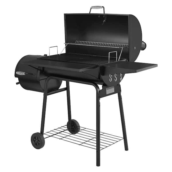 Charcoal Grill in Black with Offset Smoker and Side Table