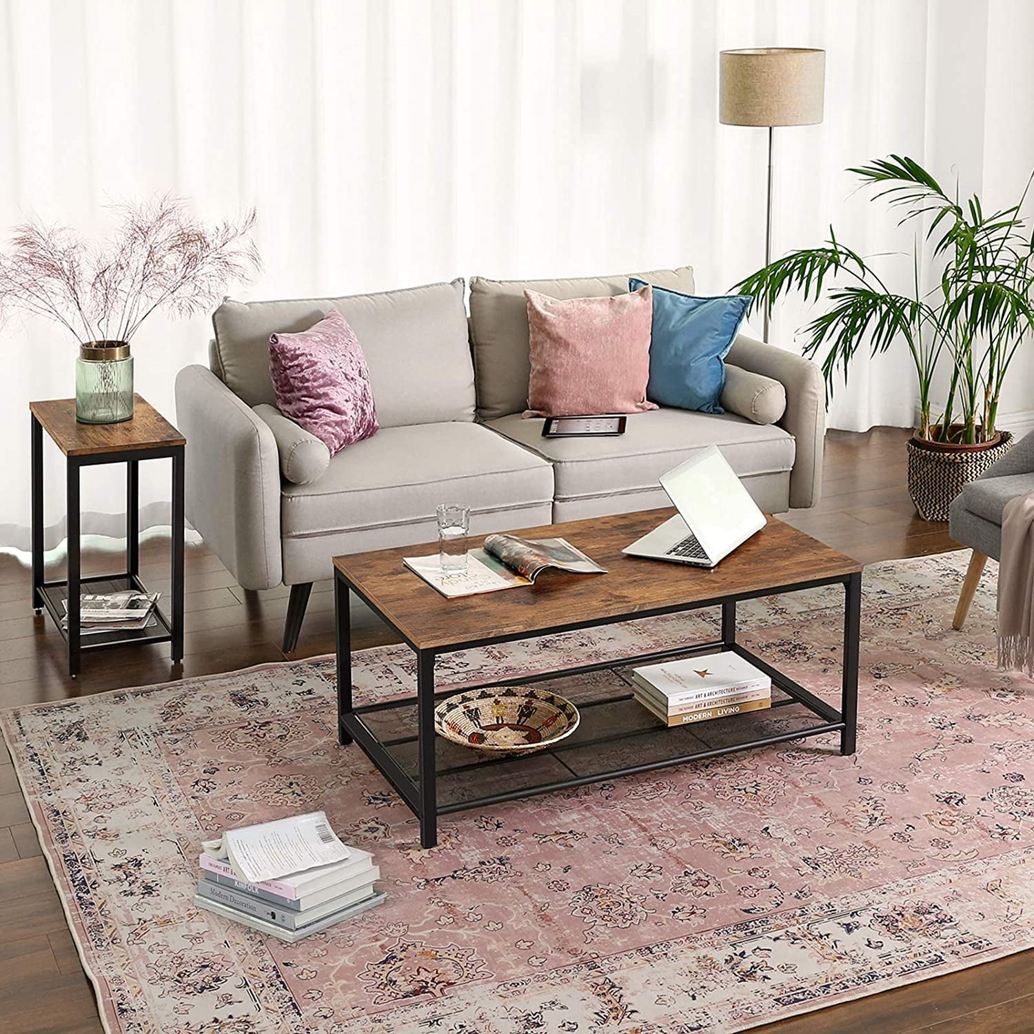 VASAGLE  Side Table Narrow Small End Table with Mesh Shelf Nightstand Living Room Bedroom, Kitchen Metal Industrial Design Rustic Brown