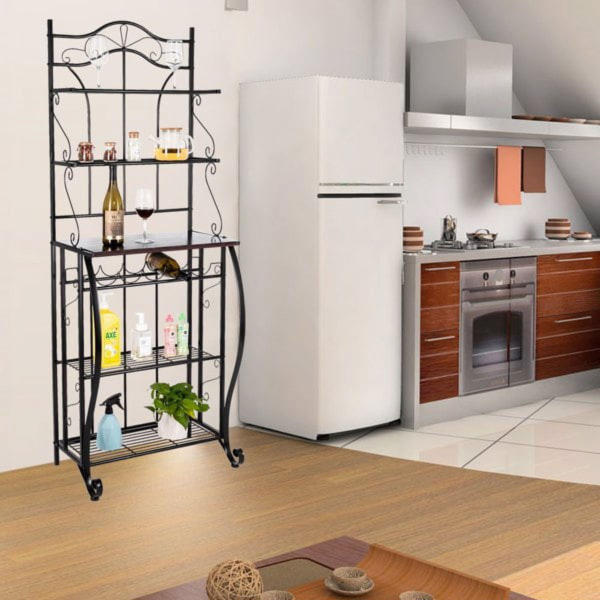 5-Tier Black Metal Cappuccino Finish Shelf Kitchen Bakers Rack Scroll Design with 5 Bottles Wine Storage