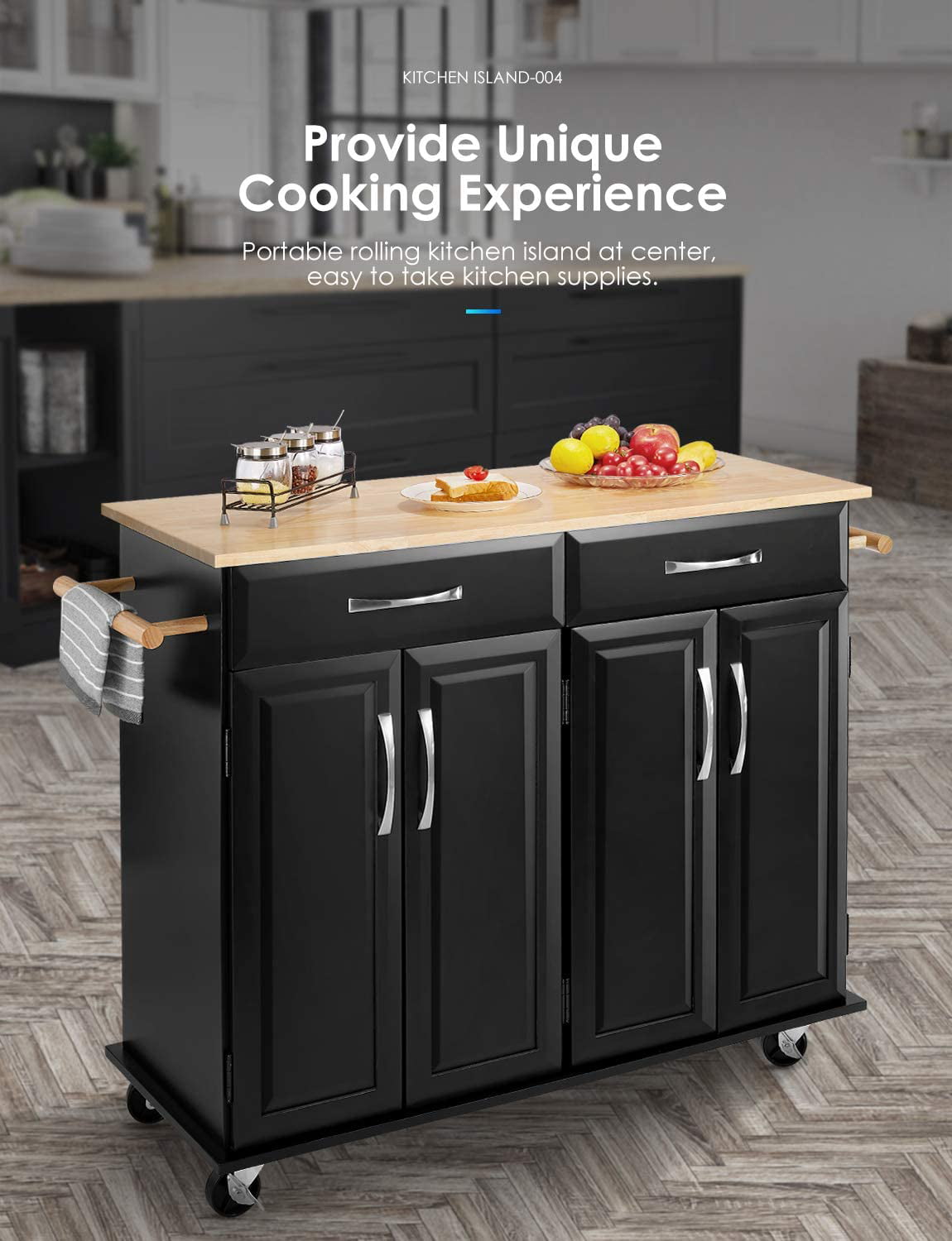 Homfa Kitchen Island on Wheels, Rolling Island Cart with Lockable Casters, Handle Towel Rack and 2 Drawers, Black