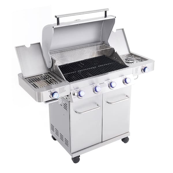 4-Burner Propane Gas Grill in Stainless with LED Controls, Side and Side Sear Burners