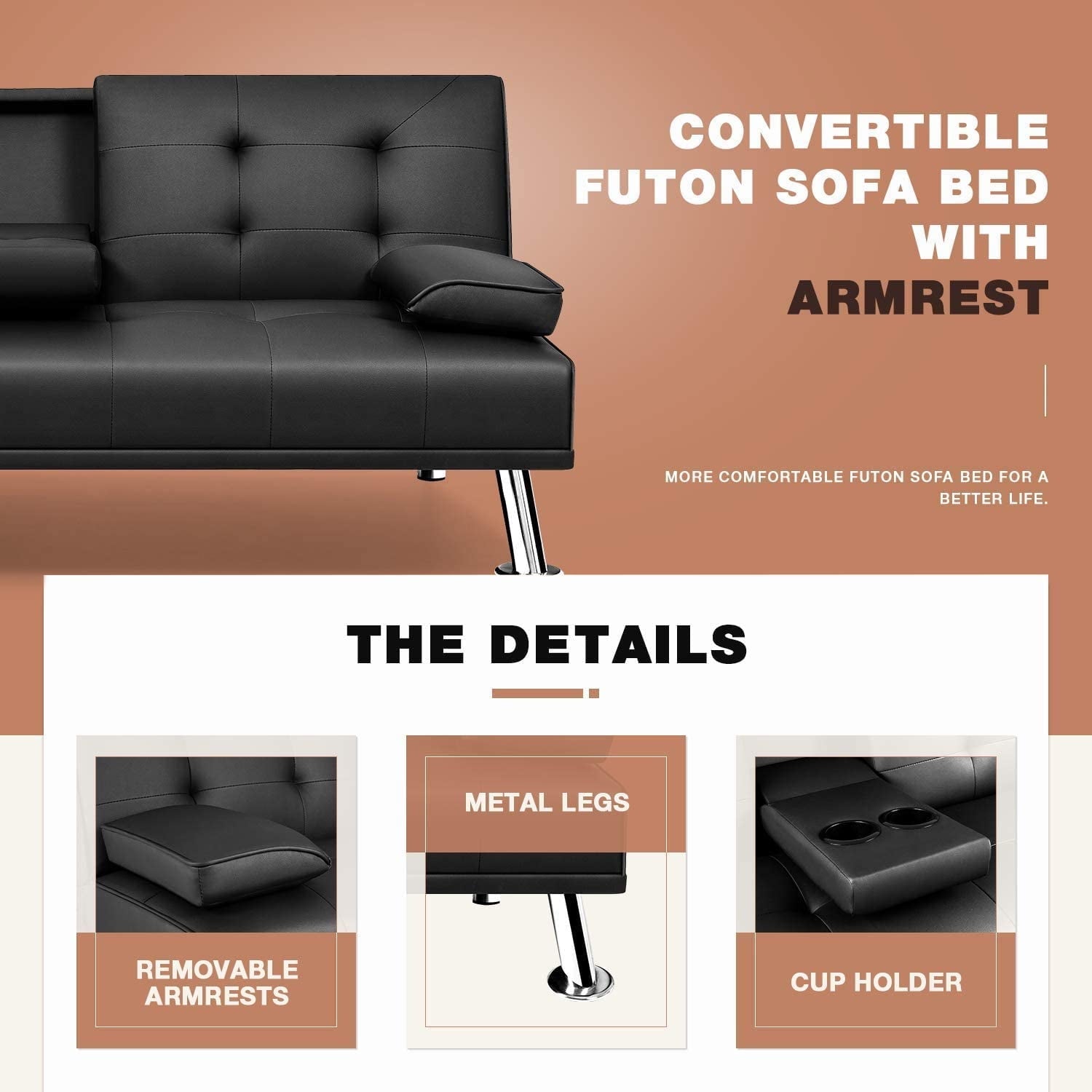 Lacoo Modern Faux Leather Convertible Futon with Cupholders & Pillows, 65