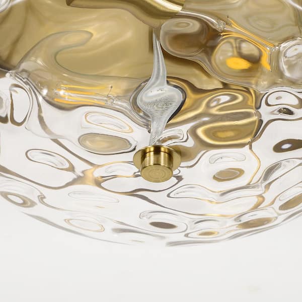 12 in. 2-Light Brass Gold Flush Mount Water Ripple Glass Ceiling Light with Metal Frame
