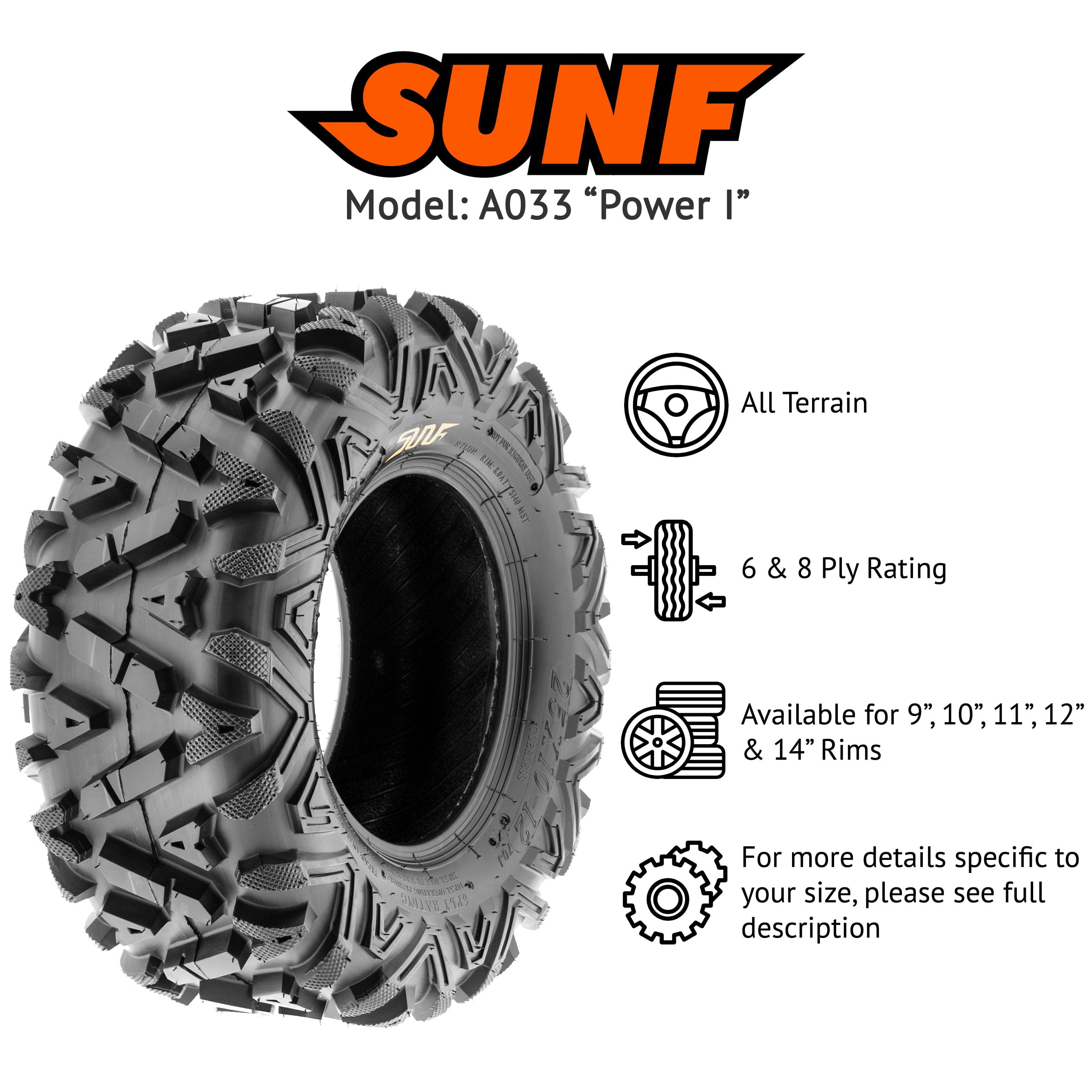 SunF All Terrain ATV UTV Tires 26x9-12 26x9x12 6 PR A033 (Pair of 2)