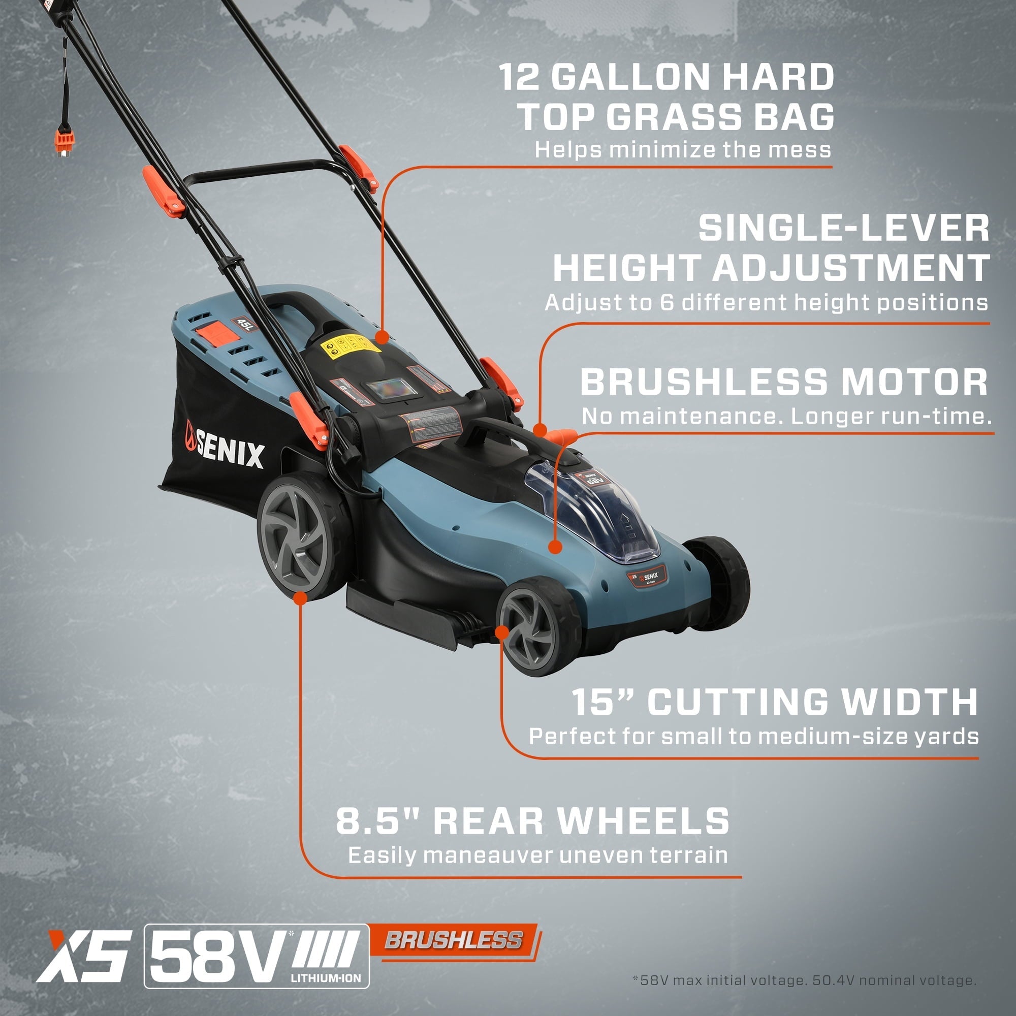 SENIX 58V Max* 15-inch Cordless Brushless Lawn Mower, 2.5 Ah Lithium-Ion Battery and Charger Included, LPPX5-L