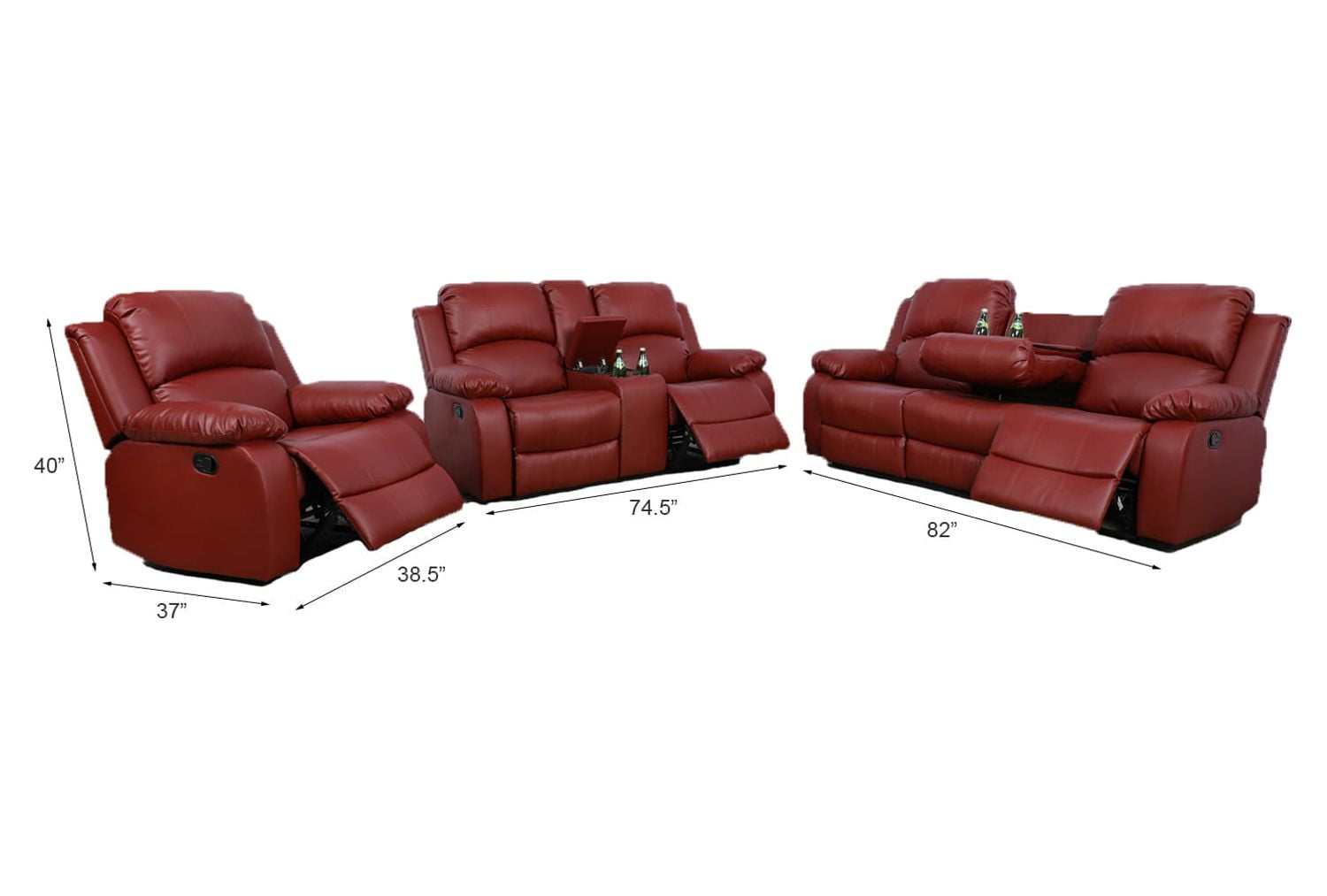 Ainehome Red Leather 3 Pieces Reclining Sofa Sets, Recliner Sofa for Living Room