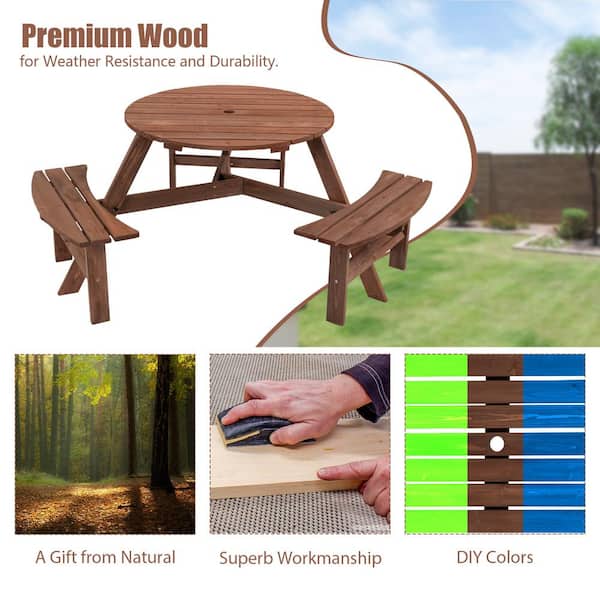 6-Person Wooden Picnic Table with 3 Built-in Benches and Umbrella Hole