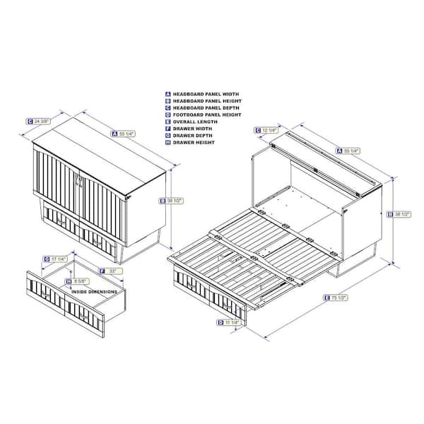 Nantucket Gray Solid Wood Full Size Frame Murphy Bed Chest with Memory Foam Mattress USB Charger and Storage Drawer