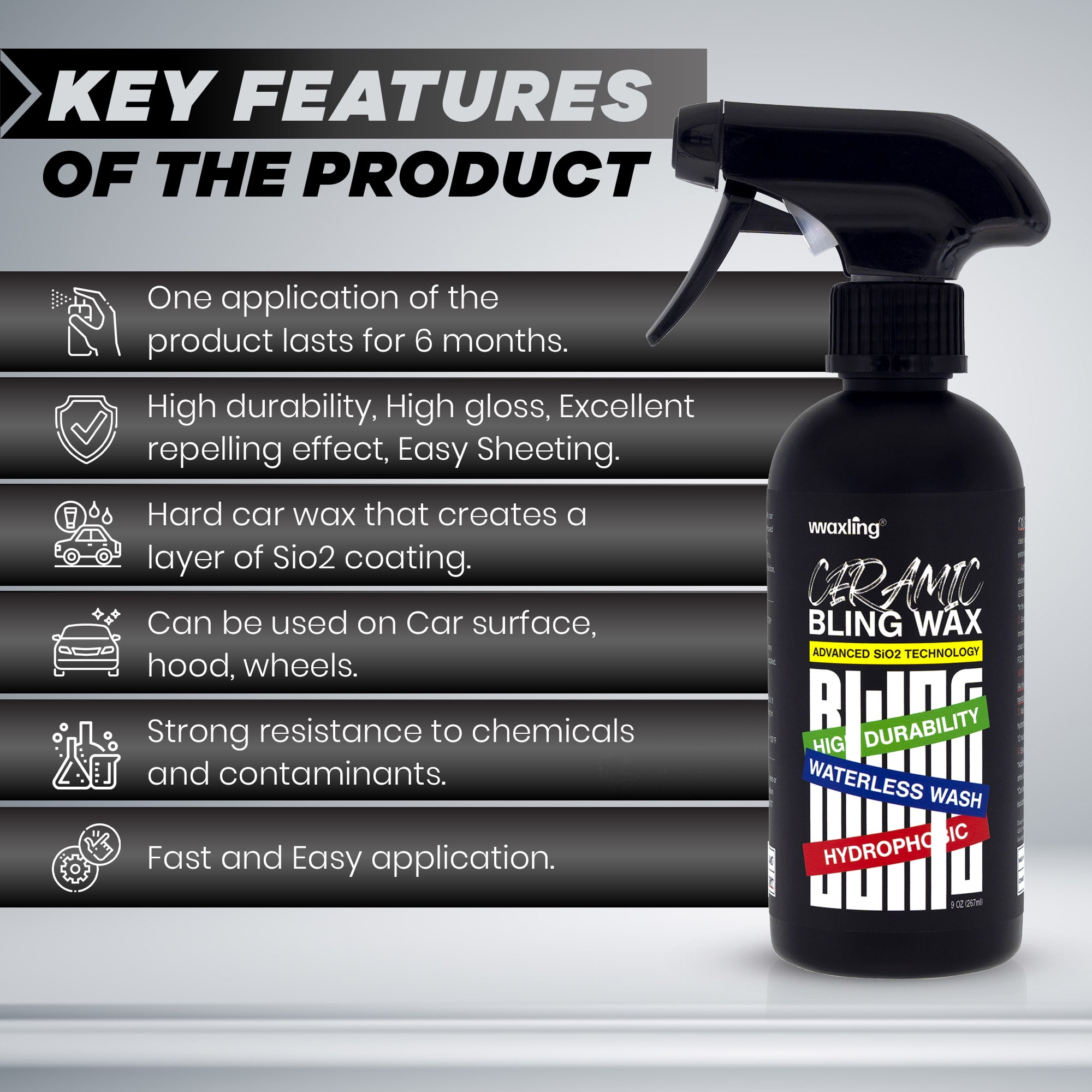 WAXLING Ceramic Bling Wax | Ceramic Coating Car Wax | Waterless Car Wash & Car Wax Polish | Hydrophobic Car Wax Spray for High Durability, Gloss, Slick | Easy & Quick