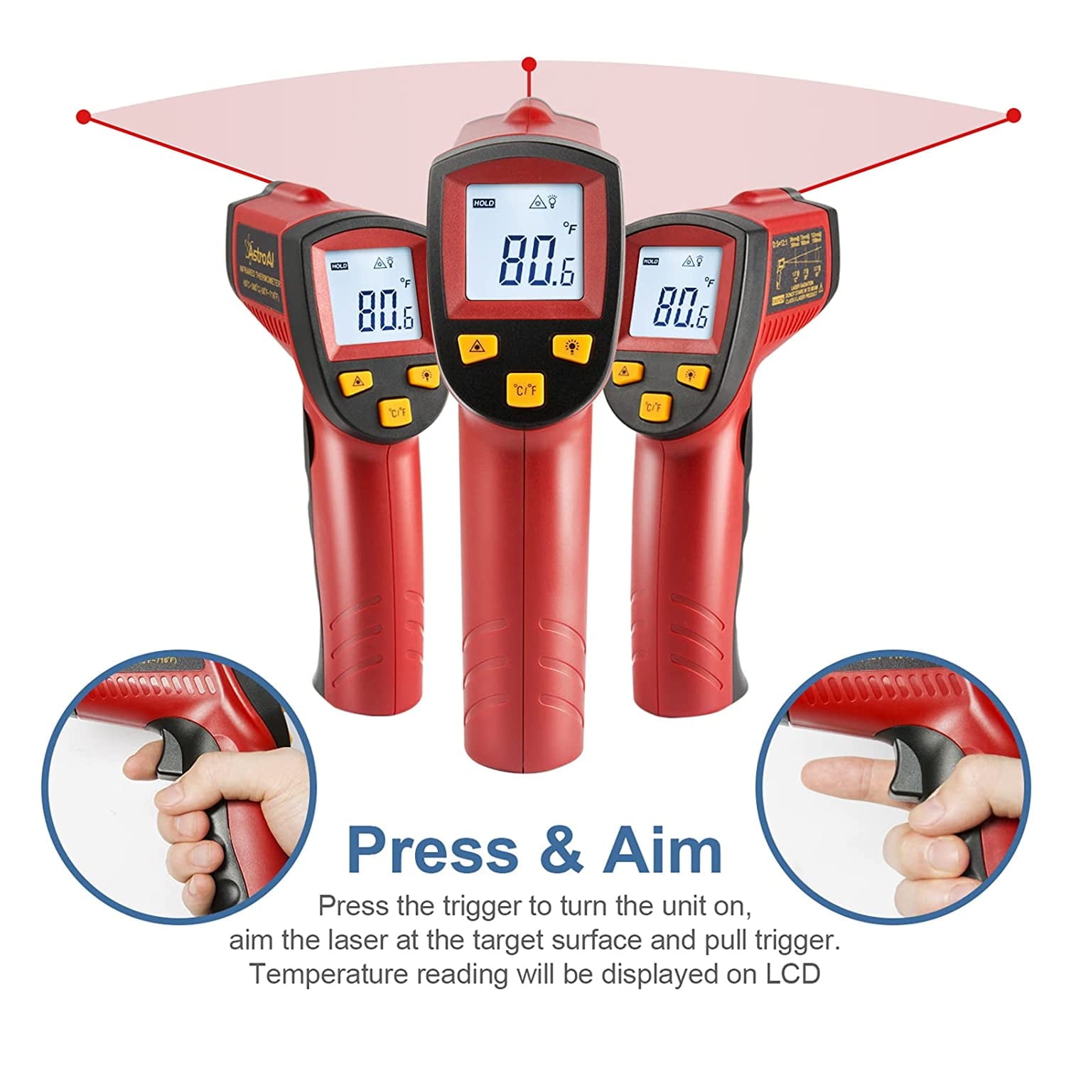 AstroAI Digital Infrared Thermometer 380, Laser Temperature Gun, LCD Screen -58°F ~ 716°F / -50°C ~ 380°C  for Cooking/BBQ/Meat, Red, for Gifts