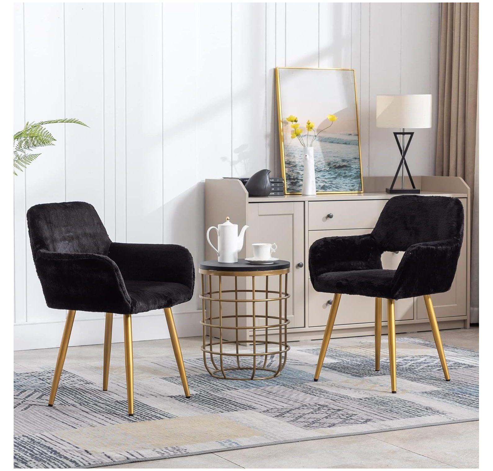 Quexis Furry Desk Chair, -Century Modern Accent Faux Fur Chair for Teen Girls, Comfy Armchair with Wood Look Metal Legs for Living Dining Room, Home Vanity Makeup Office Desk Chair No Wheel, Black