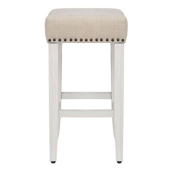 Jameson 24 in. Antique White Backless Wood Counter Stool with Beige Linen Seat (Set of 2)