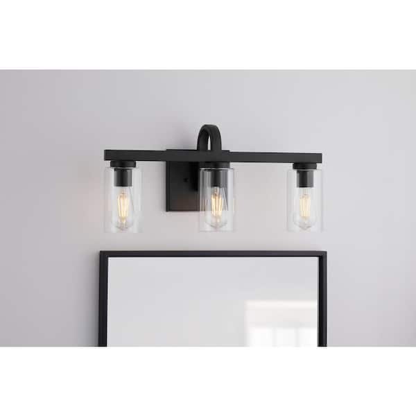 Kendall Manor 22 in. 3 Light Matte Black Bathroom Vanity Light with Clear Glass Shades