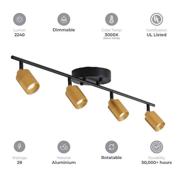 Modern 3 ft. 4 Head-Light, Gold, Integrated LED Fixed Track, Lighting Kit, with Rotating Heads