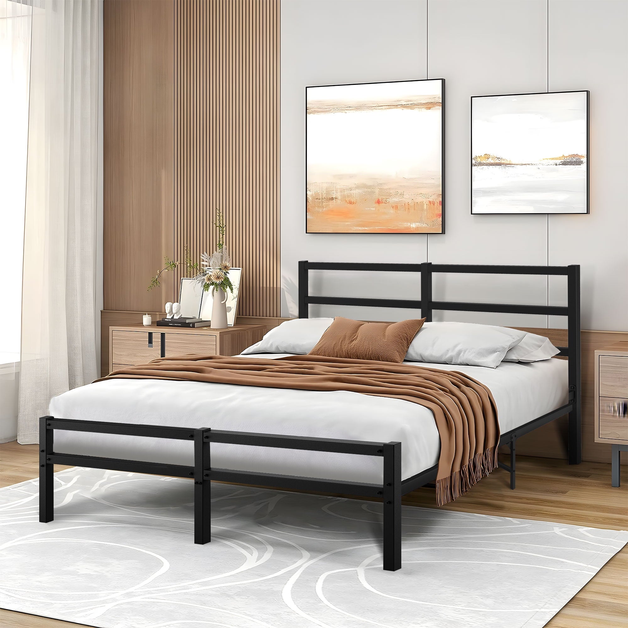 Sesslife Heavy Duty Full Size Metal Platform Bed Frame, Black Platform Bed with Vintage Headboard and Footboard, Sturdy Steel Slat Support, Iron Bed Frame for Bedroom