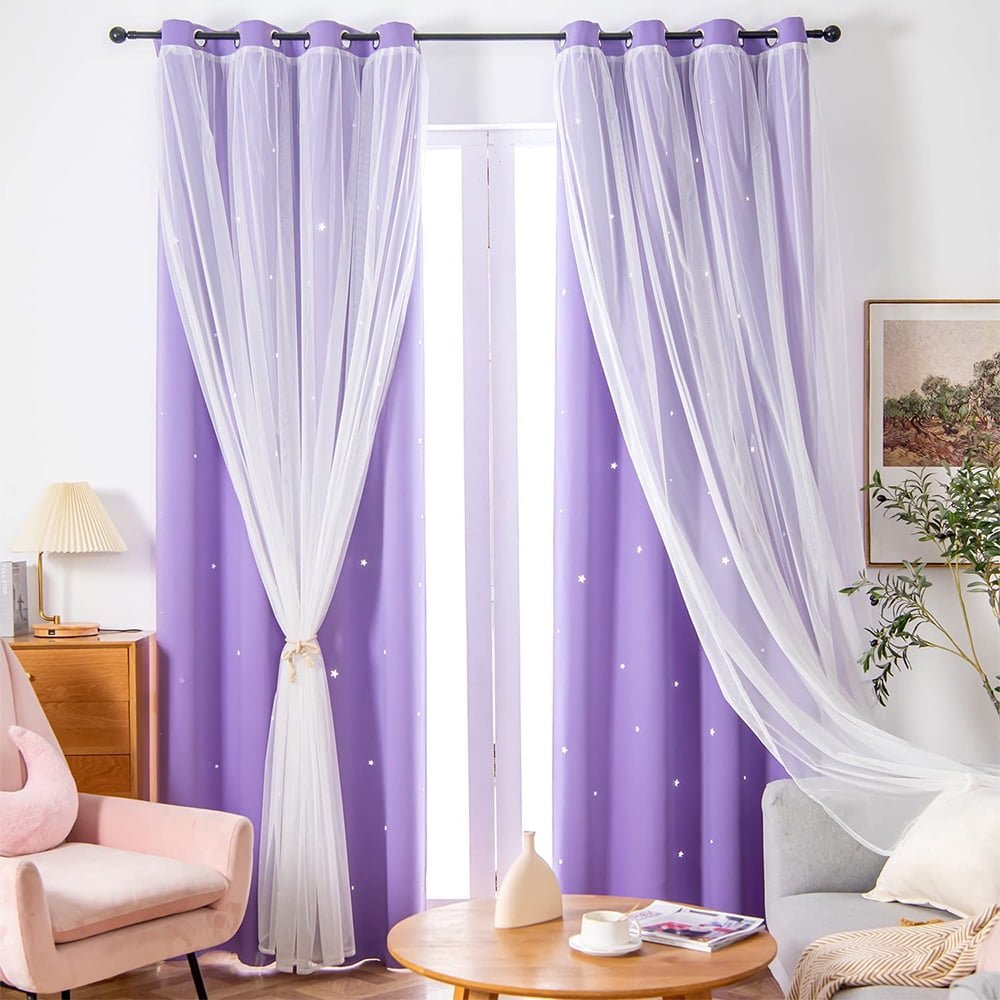 Yipa 1pc Hollow Out Star Blackout Window Curtain Rod Pocket Room Darkening Curtain Thermal Insulated Solid Color Window Drape Purple -2 Layers 52 x 96 inch