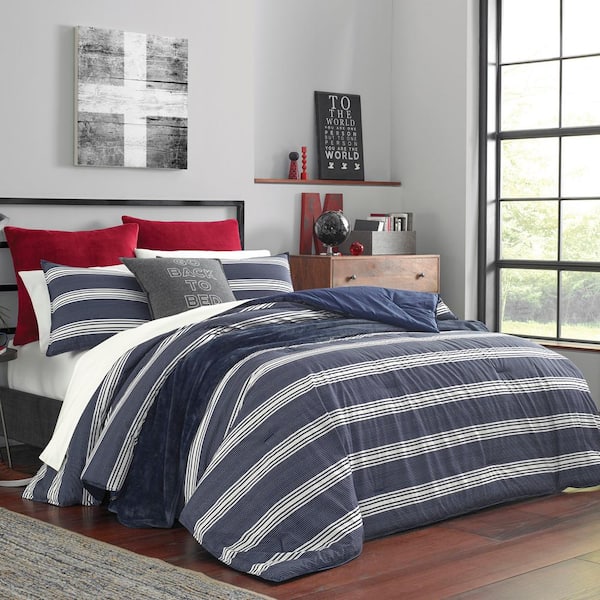 Craver 3-Piece Navy Blue Striped Cotton King Comforter Set