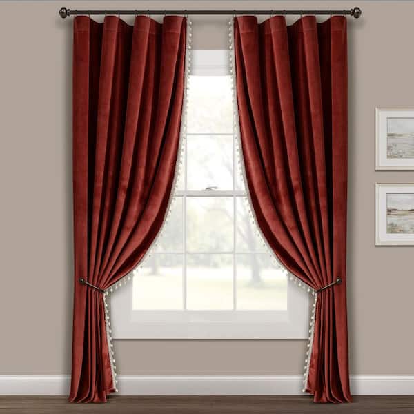 Luxury Vintage 52 in. W x 84 in. L Velvet with Silky Pompom Trim Light Filtering Window Curtain Panel in Rust Single