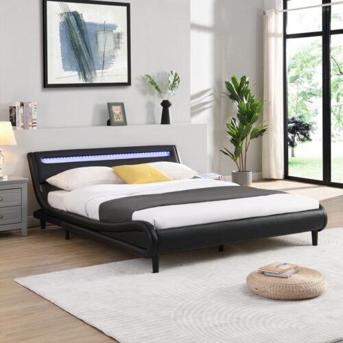Upholstered Platform Bed Frame with LED Lights Headboard