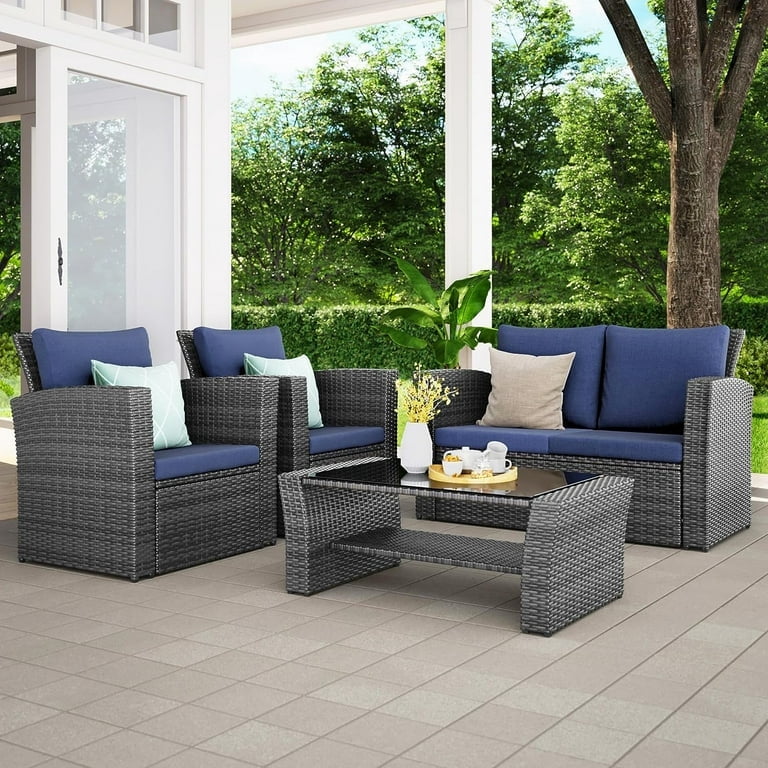 Superjoe 4 Pcs Outdoor Patio Furniture Sets, Wicker Rattan Conversation Set with Coffee table, Brown