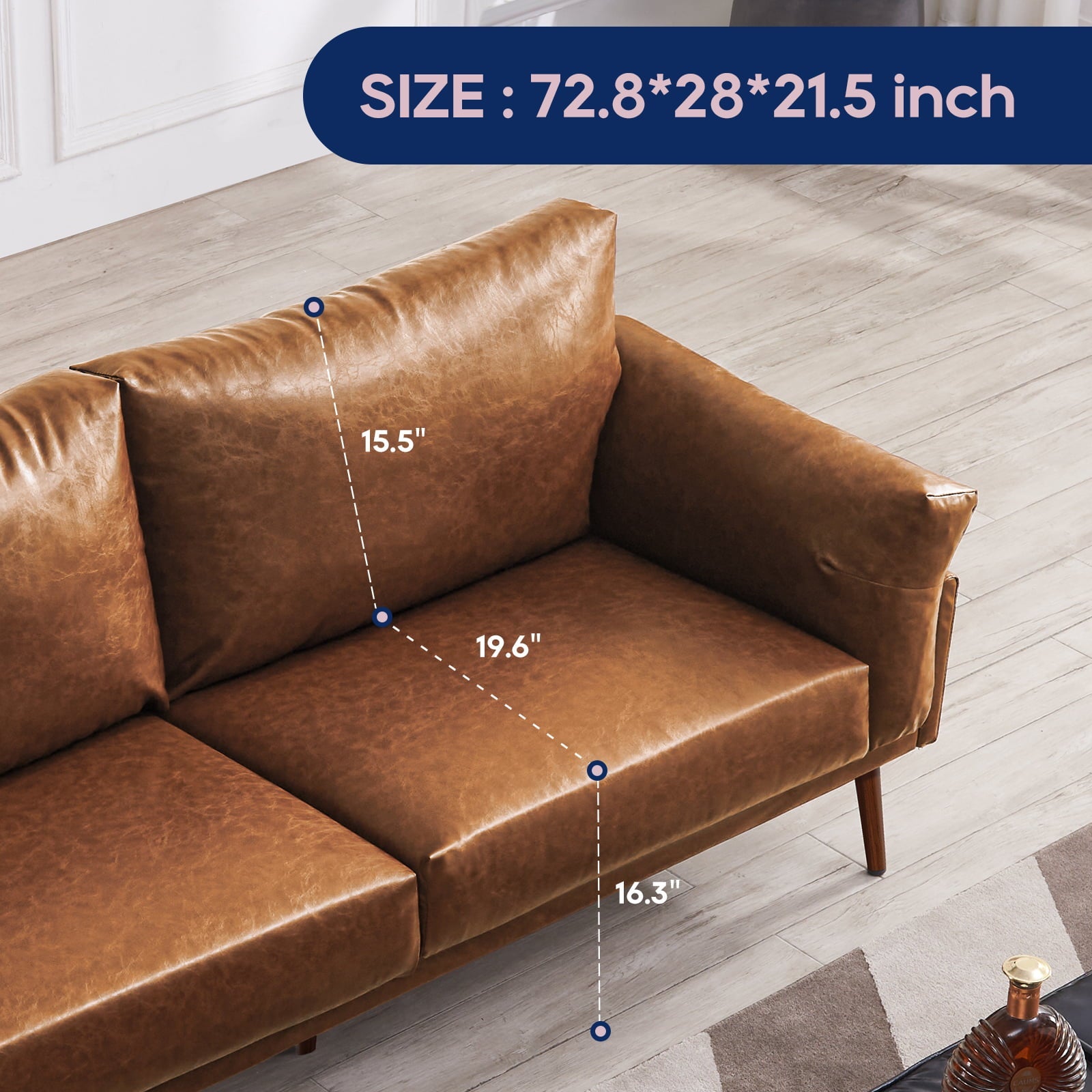 Vonanda Mid Century Modern Sofa Couch, Faux Leather Couch, 3 Seat Couch Soft, 72'' Small Couch for Small Spaces, Sofa for Living room, Compact Apartment, House,Condo, Loft, Bungalow,Brown Sofa,Caramel