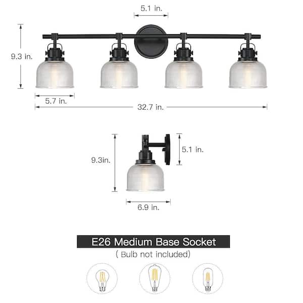 33 in. 4-Light Black Bathroom Vanity Light with Clear Prismatic Glass Shade
