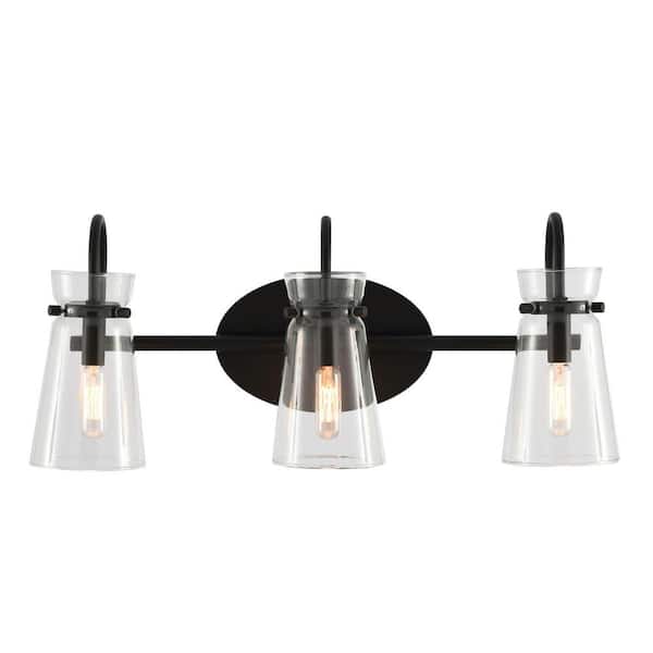 Vinton Place 22 in. 3-Light Matte Black Bathroom Vanity Light with Clear Shades