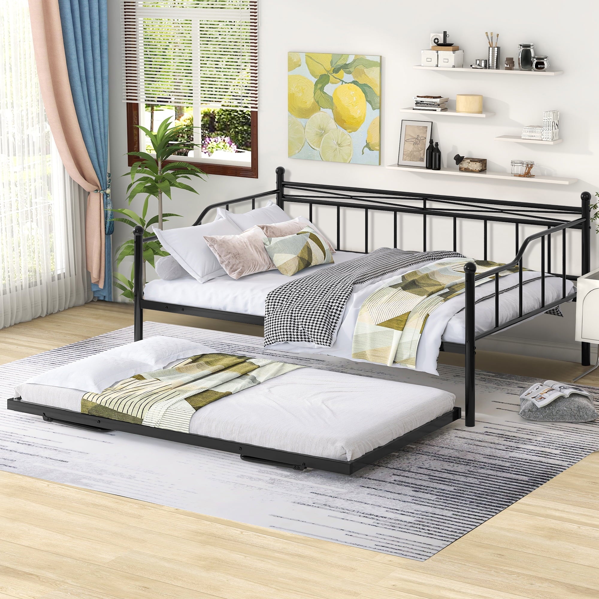 BTMWAY Daybed with Trundle Included, Twin Size Metal Daybed Frame with Adjustable Trundle, Heavy Duty Extendable Daybed with Pop Up Trundle Bed, Portable Folding Trundle, No Box Spring Needed, Black