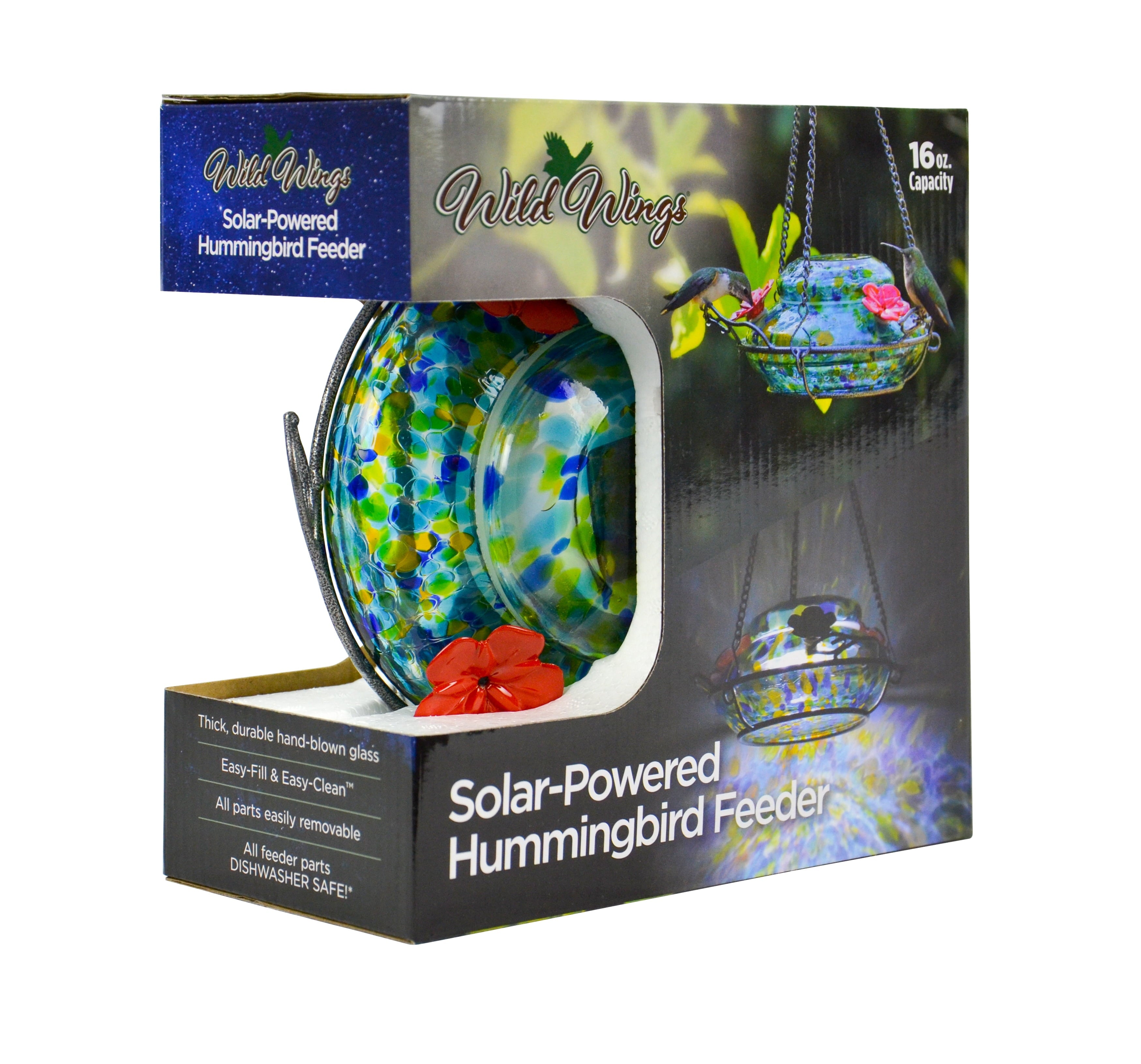 Wild Wings Artisan Glass Solar-Powered Illuminated Top Fill Hummingbird Feeder 16 oz, Blue Spring Rain
