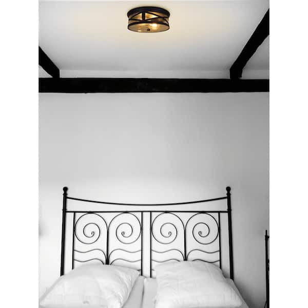 Wellesley 11 in. Double Bulb Antique Black Ceiling Flush Mount with 2 Edison 6.5-Watt LED Light Bulbs Included