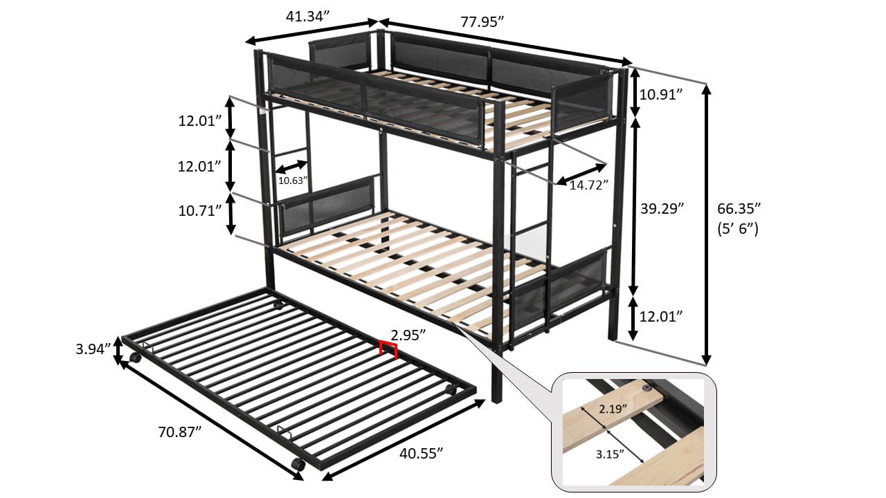 Muumblus Twin Over Twin Bunk Bed with Trundle, Metal Bed Frame with Safety Guard Rail and Ladders, Space Saving Design Bedroom Bunk Bed for Kids and Adults, Black, M926