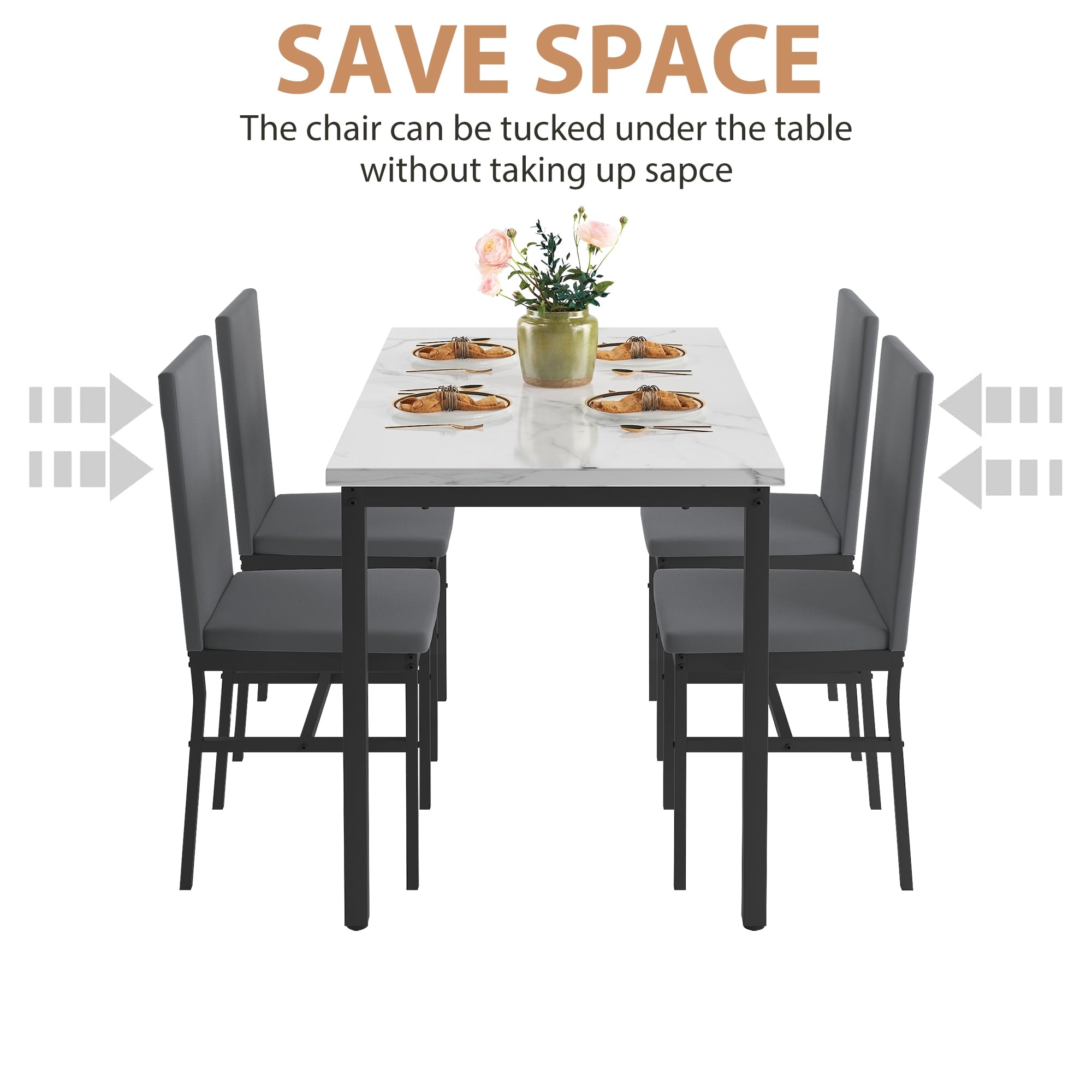 uhomepro 5 Pieces Dining Table Set, Elegant Marble Top Kitchen Table and Chairs for 4, Metal Frame Table and 4 Velvet Upholstered Chairs Perfect for Kitchen Breakfast Nook Bar Small Apartment