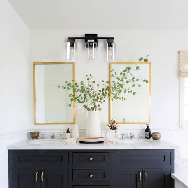 UL Certified 3-Light Matte Black Modern Vanity Light with Square Clear Glass Shade,Wall Lighting Fixtures for Bathroom