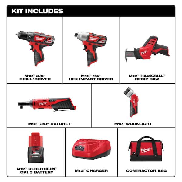 M12 12-Volt Lithium-Ion Cordless 5-Tool Combo Kit w/SHOCKWAVE Impact Duty Alloy Steel Screw Driver Bit Set (25-Piece)
