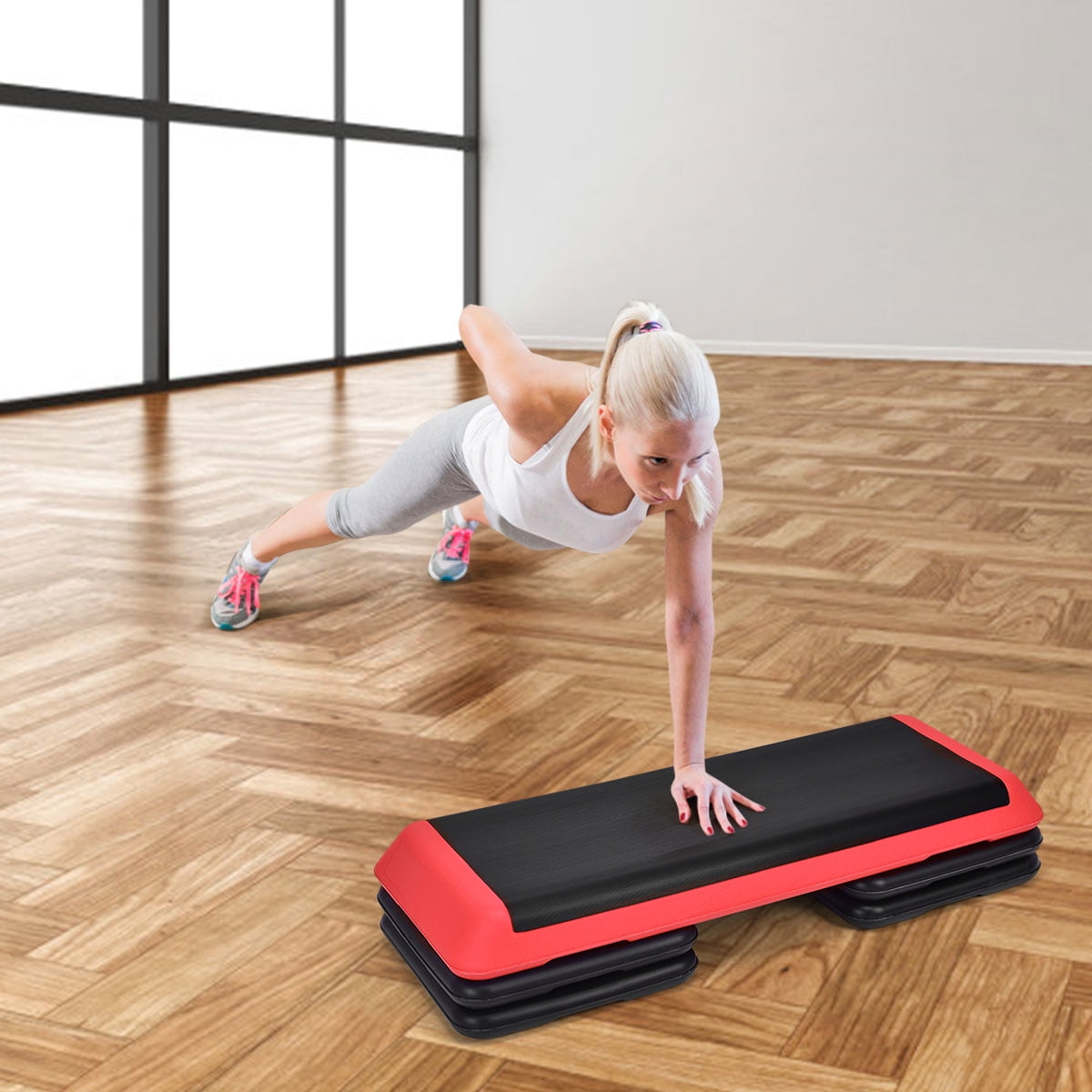 Costway Fitness Aerobic Step 43'' Cardio Adjust 4'' - 6'' - 8'' Exercise Stepper w/Risers Red