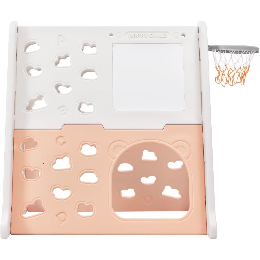 Climbing Toys for Toddlers 1-3, 5 in 1 Toddler Climber Basketball Hoop Set, Kids Playground Climber Playset with Tunnel,Climber,Whiteboard,Toy Building Block Baseplates,Combination for Babies,Pink