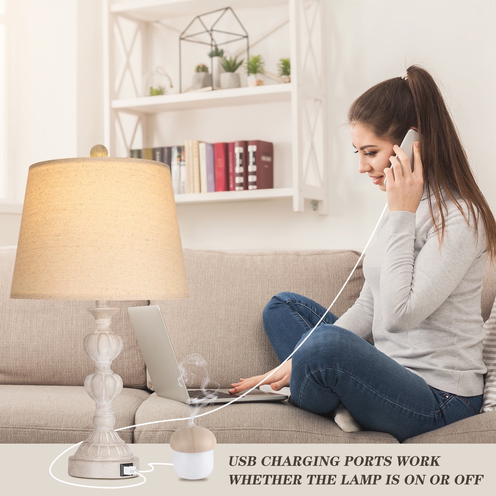 Partphoner Resin Washed-White Farmhouse Table Lamp Set of 2, 3-Way Dimmable, 2 USB Charging Ports