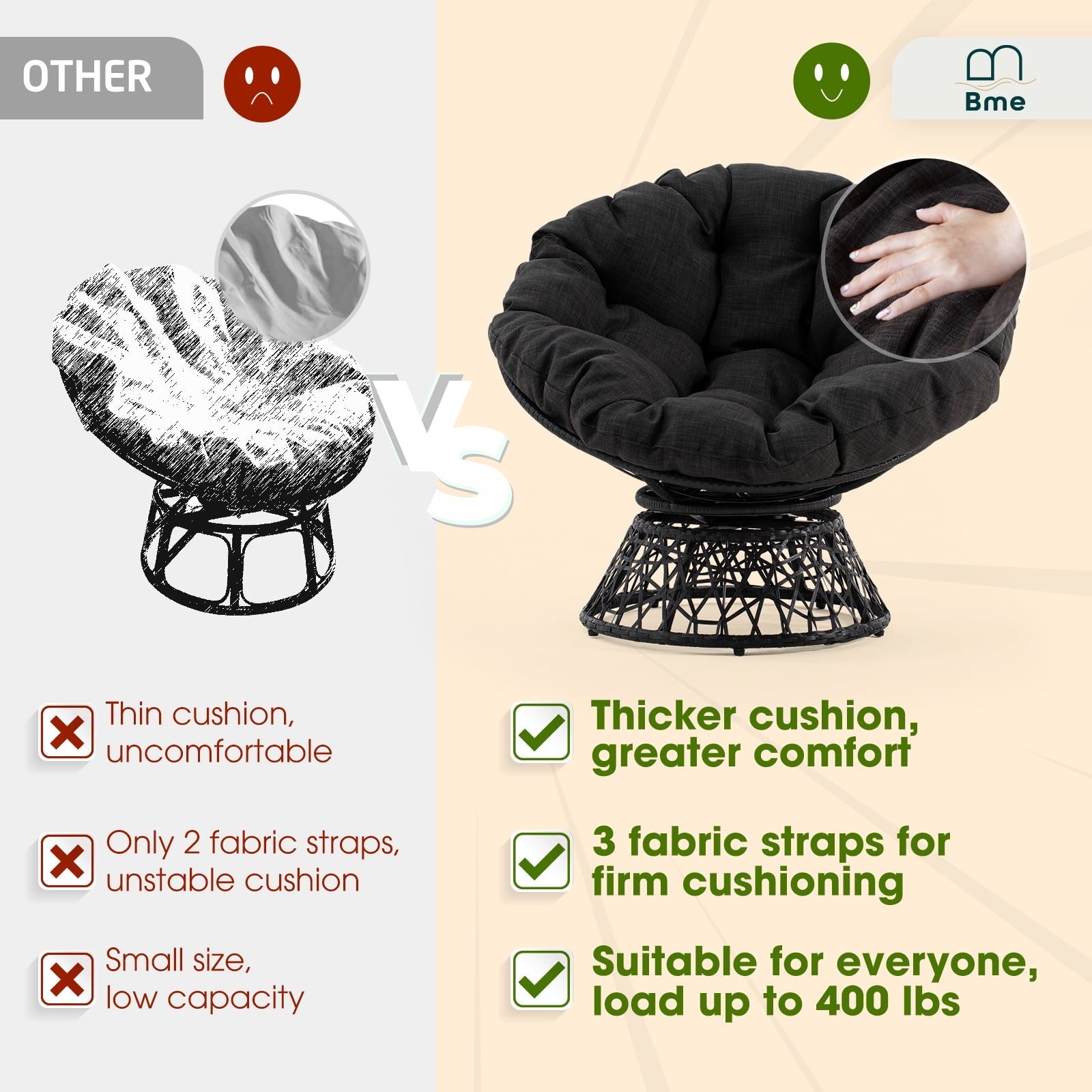 Aile Papasan Chair Soft Thick Density Fabric Cushion Steel Frame with 360 Degree Swivel, Black