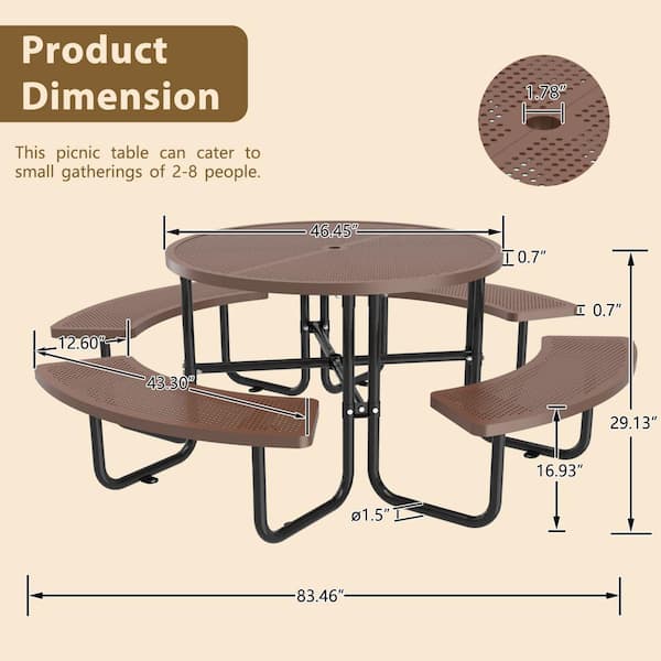 83.46 in. Coffee Round Industrial Strength Steel Picnic Table Seats 8-People with Umbrella Hole