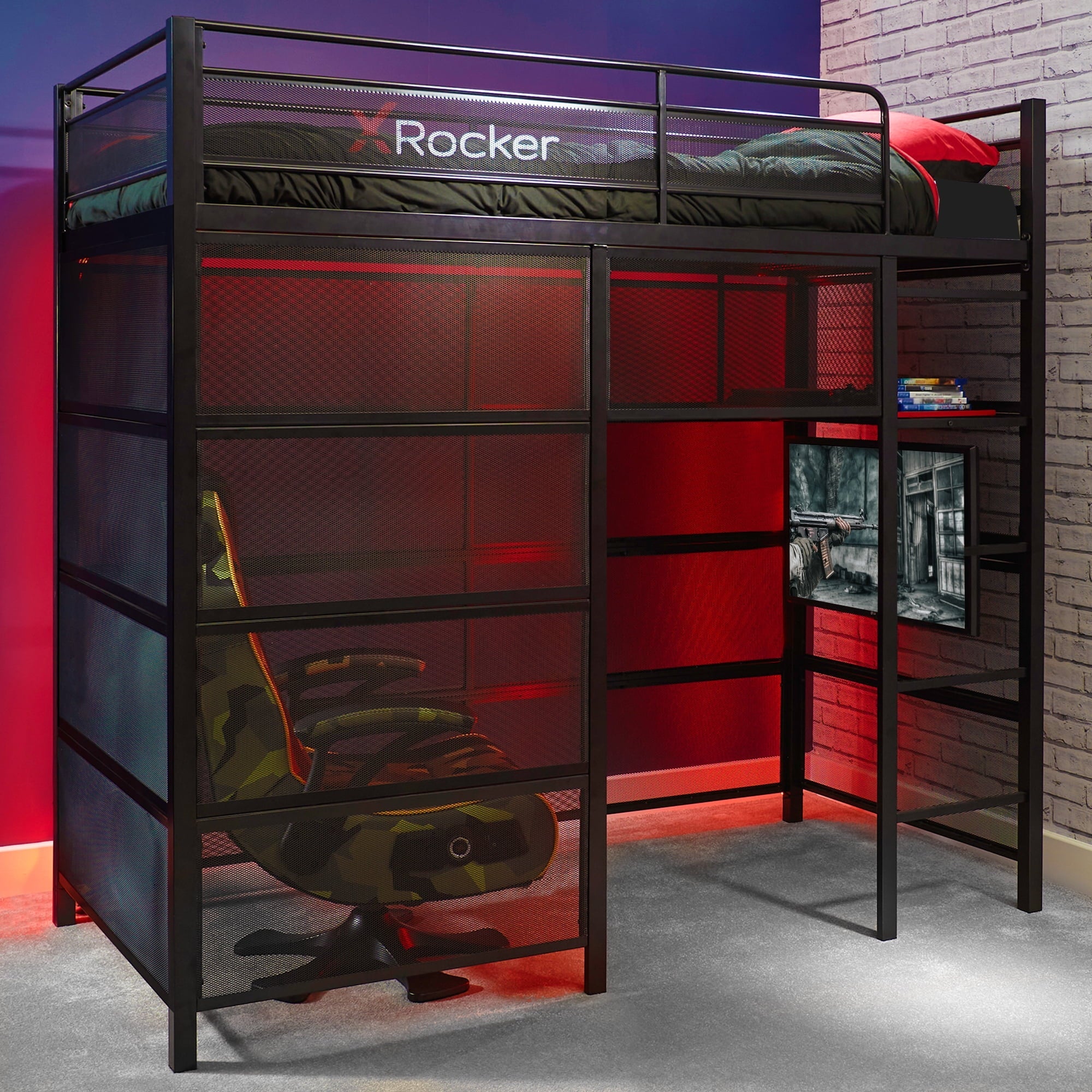 X Rocker Gaming Den Bunk Bed with VESA TV Mount, Twin, Black, Teen, Children