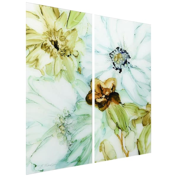 Seaglass Garden Frameless Free Floating Tempered Glass Panel Graphic Flower Wall Art Set of 2, each 72