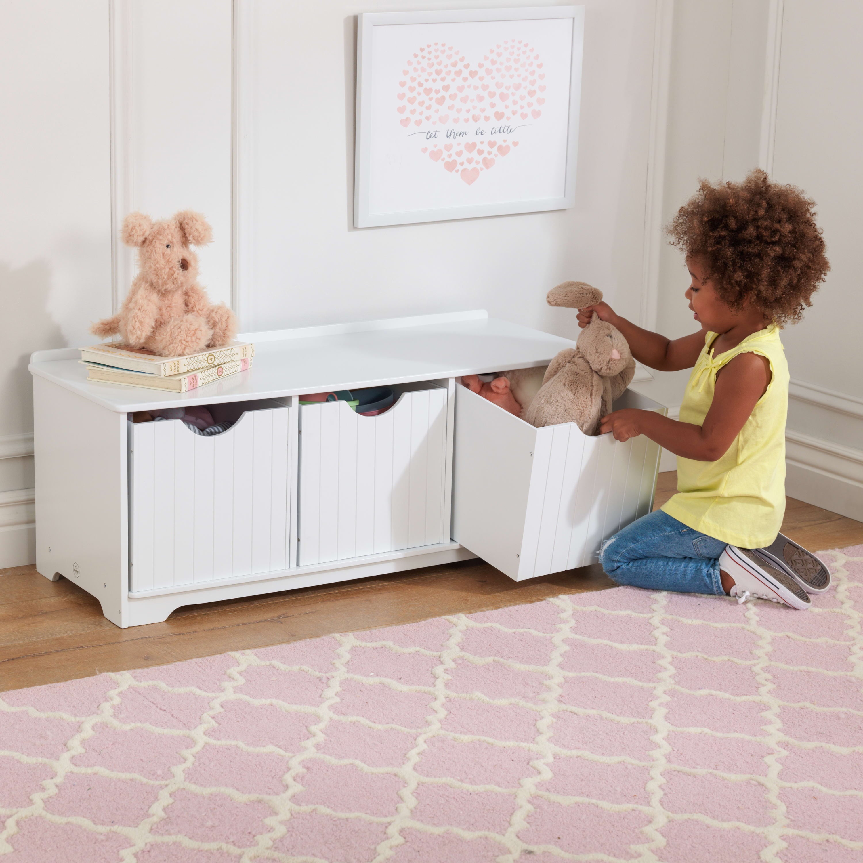 KidKraft Nantucket Wood Storage Bench with Three Bins, White