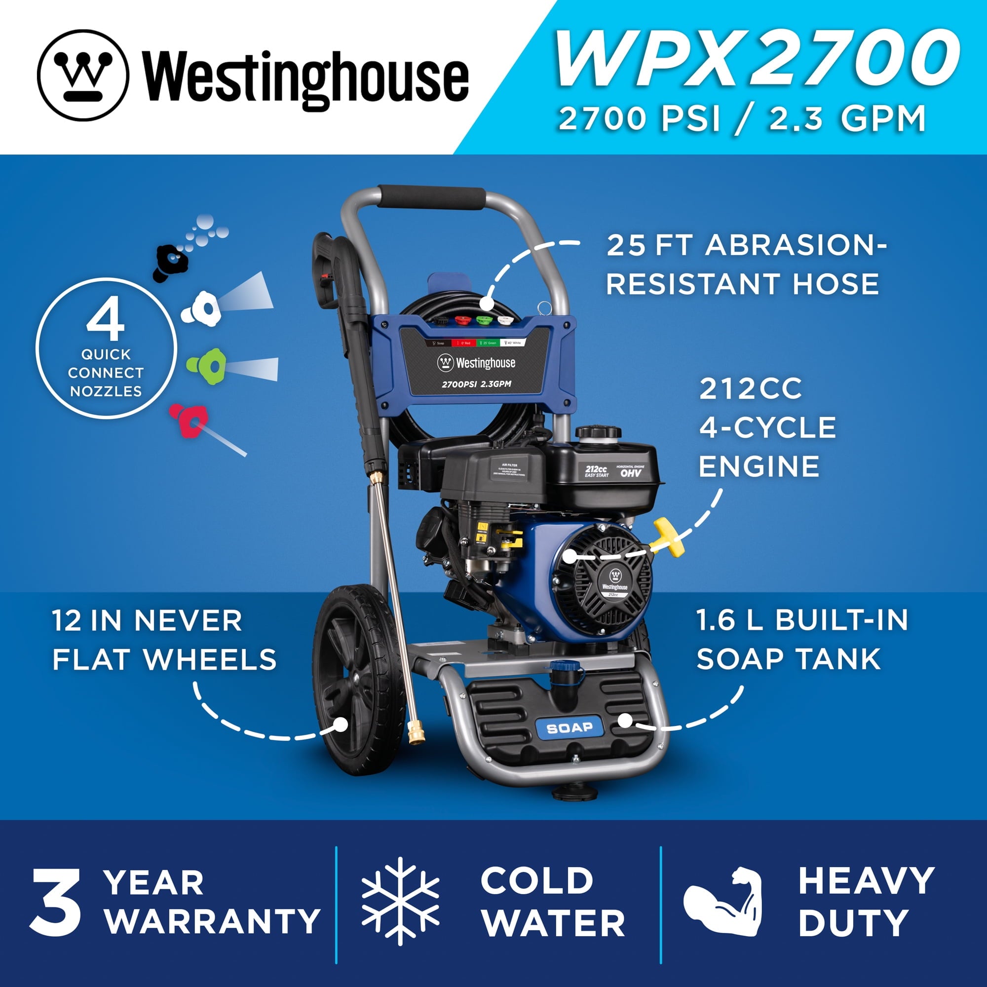 Westinghouse 2700-PSI, 2.3- GPM Gas Pressure Washer with 4 Nozzles & Soap Tank