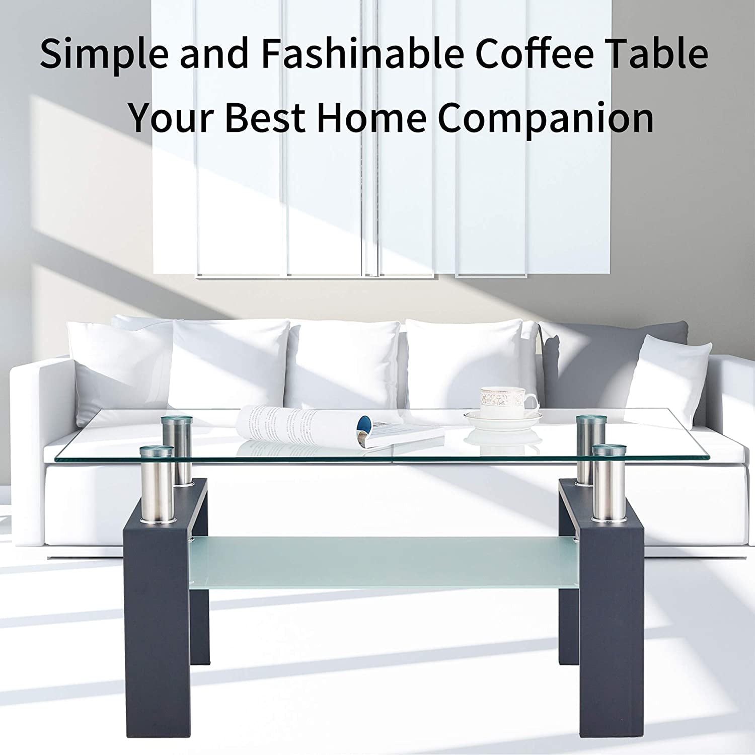 Glass Coffee Table with Lower Shelf, Clear Rectangle Glass Coffee Table, Modern Coffee Table with Metal Legs, Rectangle Center Table Sofa Table Home Furniture for Living Room, L5509